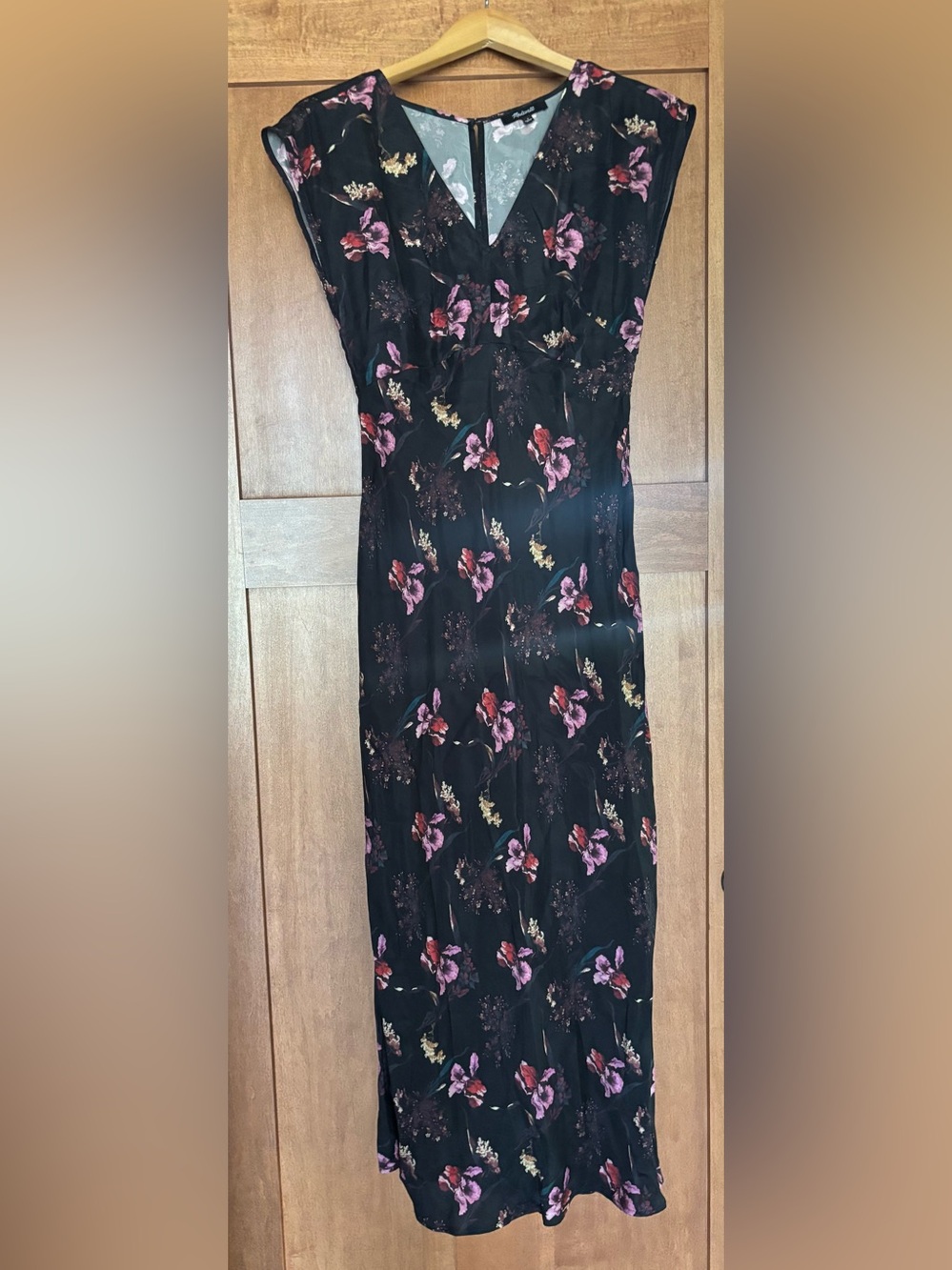 Madewell Floral Black Midi Skirt with Pink & Red Blooms